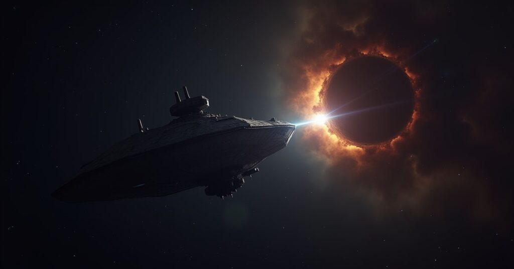 A survey starship charting star systems as a raider lurks in a nebula in Star Trek Fleet Command