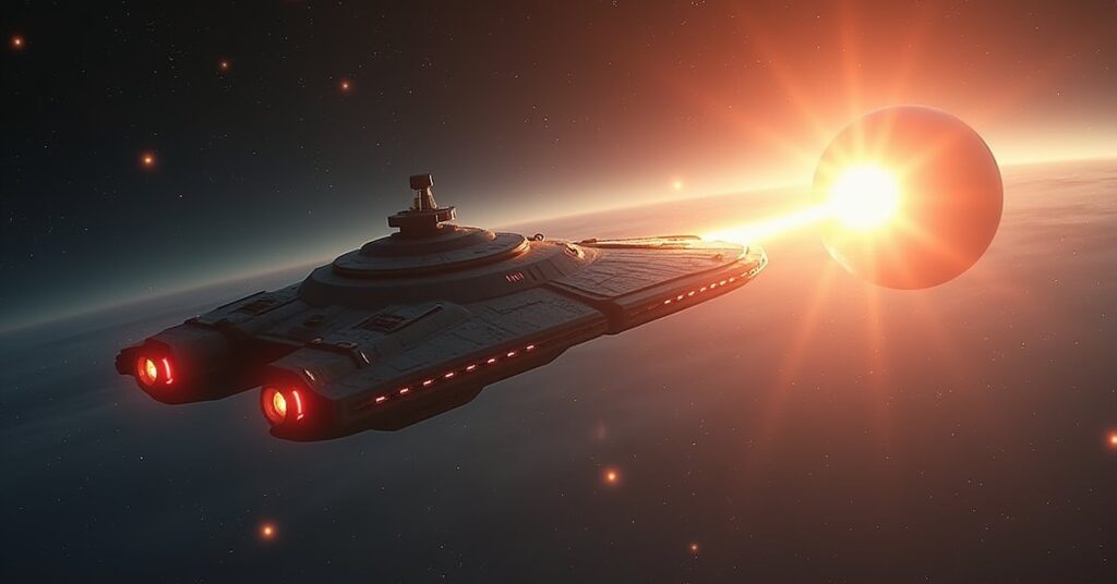 A starship blocks a Romulan warbird near a glowing alien homeworld in Star Trek Fleet Command