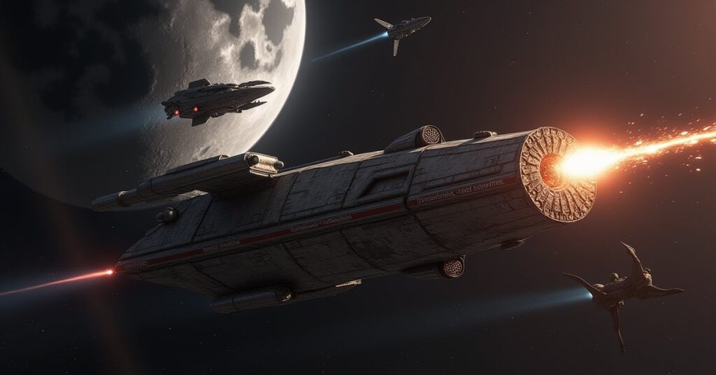 A damaged Starfleet ship caught between Klingon and Romulan warships near a moon in Star Trek Fleet Command