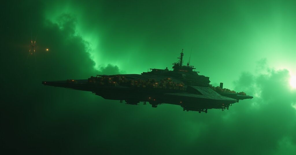 A starship escorting a weapons freighter through a green nebula in Star Trek Fleet Command
