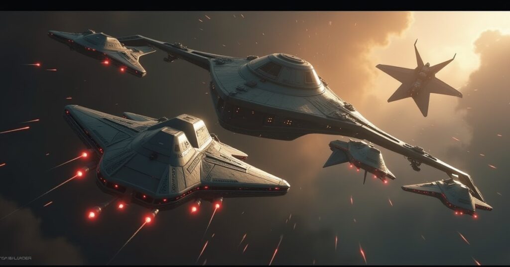 Romulan shuttles fleeing to a starship as a Tal Shiar warbird decloaks in Star Trek Fleet Command