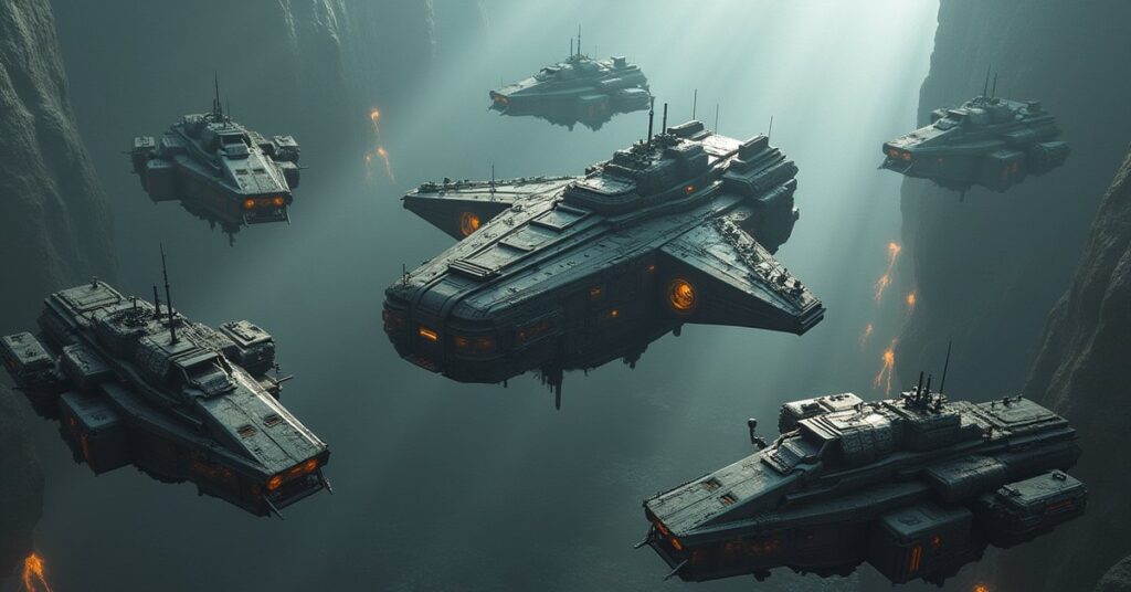 A mercenary fleet gathered around a command ship in Star Trek Fleet Command