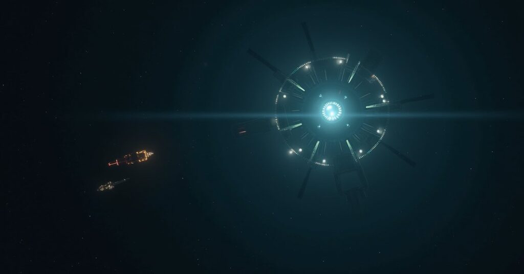 A starship intercepting a spy vessel at a remote refueling station in Star Trek Fleet Command