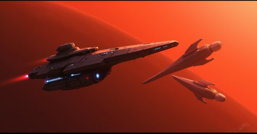 A starship intercepting a Romulan vessel above a red planet with wreckage nearby in Star Trek Fleet Command