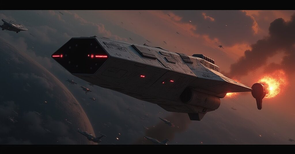 A Klingon warship cornering a damaged escape craft over a Federation colony in Star Trek Fleet Command
