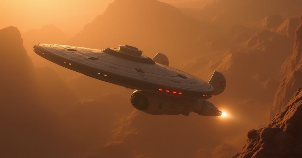 A starship facing a Vulcan warship near an asteroid field in Star Trek Fleet Command