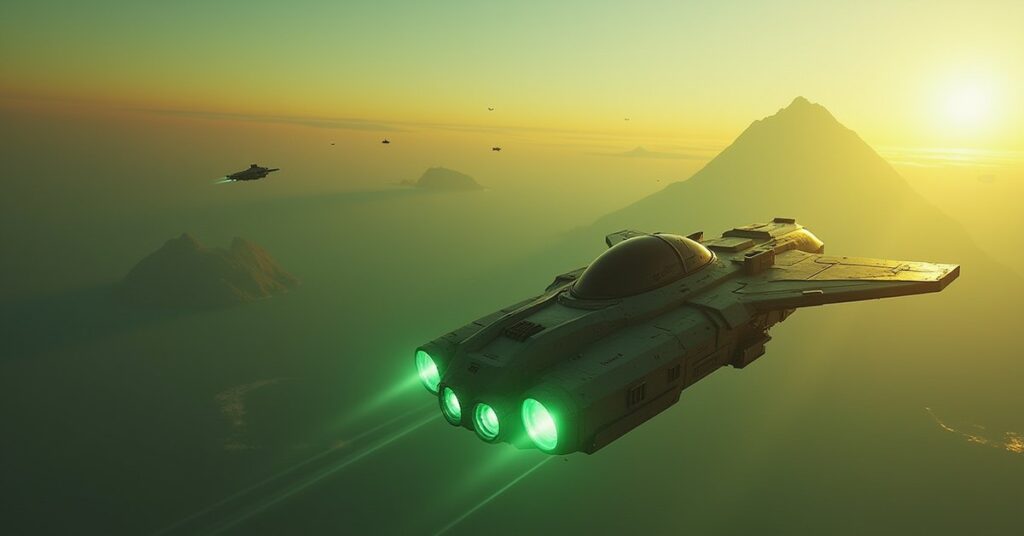An independent starship orbiting a green planet as Nausicaan ships approach in Star Trek Fleet Command