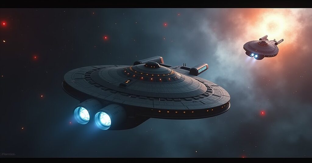 A starship disabling a research vessel in a nebula as a Romulan ship waits nearby