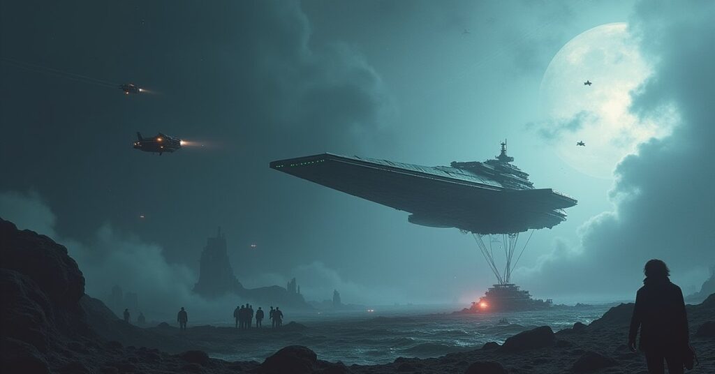 A starship sending a shuttle to a research outpost on a stormy planet in Star Trek Fleet Command