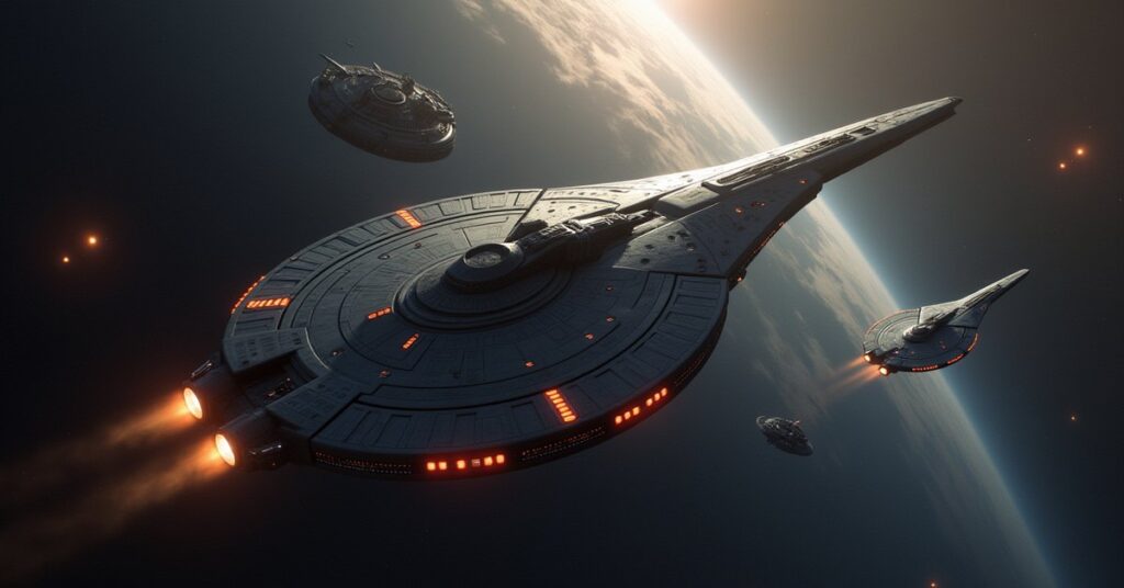 Two Federation starships on patrol past a station while an Orion ship lurks nearby in Star Trek Fleet Command