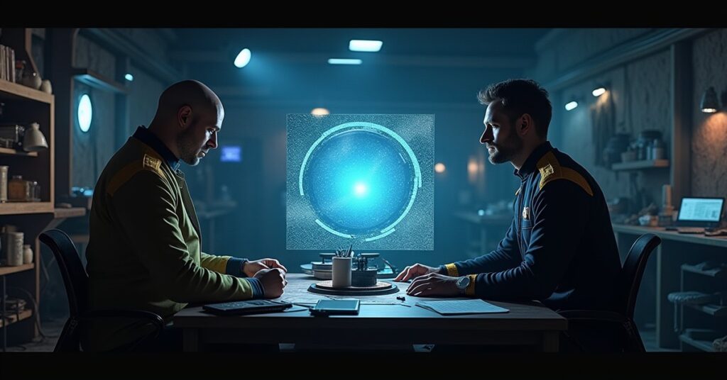 An officer and a data forger study a looping surveillance feed of empty space in Star Trek Fleet Command