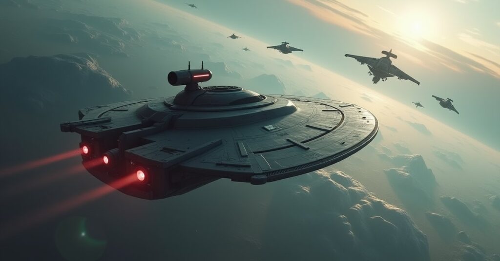 A starship attacking a Starfleet cruiser near a quiet world as mercenaries gather in Star Trek Fleet Command