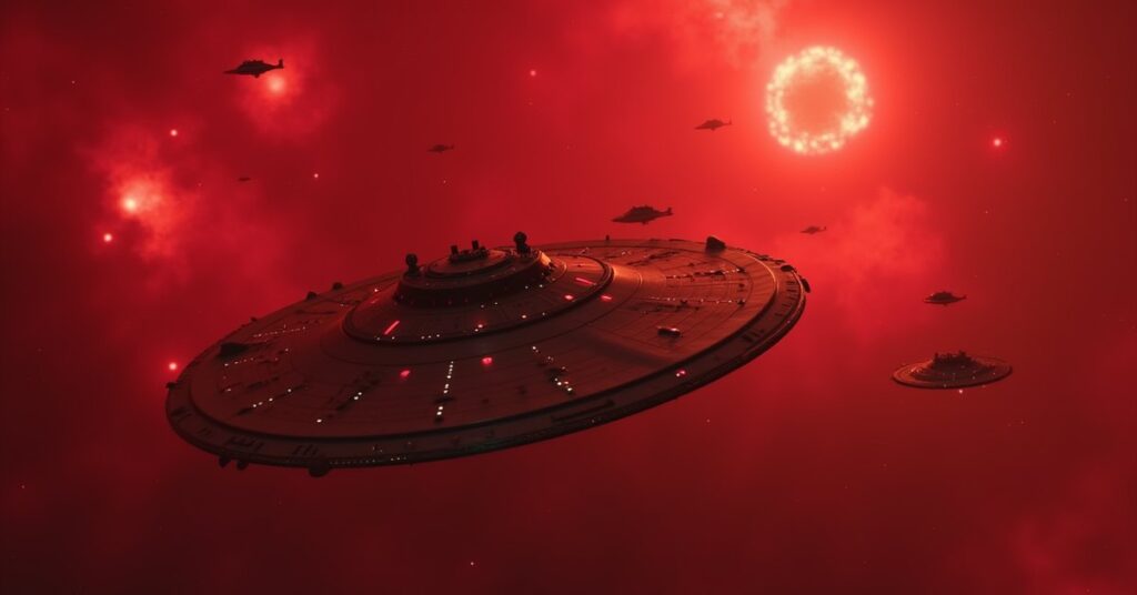 A Klingon warship ambushing a starship near a distress beacon in a red nebula in Star Trek Fleet Command