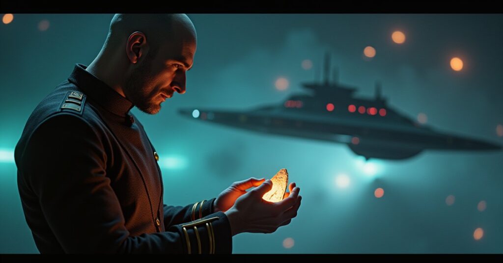 A Romulan officer examining a glowing fragment of ancient technology in Star Trek Fleet Command