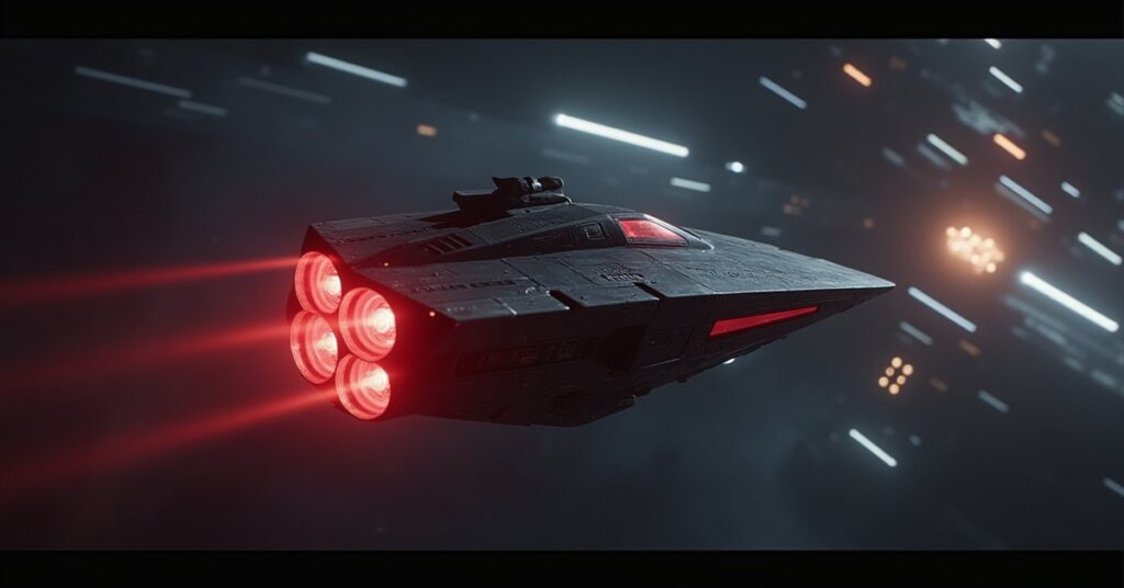 A starship chasing a thief ship carrying a glowing cargo pod near a Starfleet station in Star Trek Fleet Command