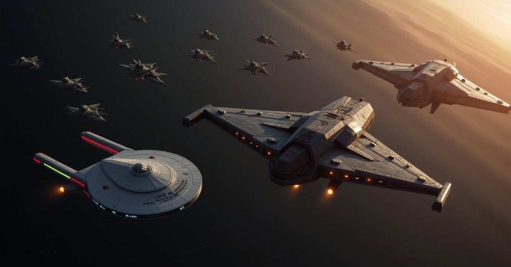 The Enterprise, a Vulcan ship and Klingon Birds-of-Prey gathering for battle in Star Trek Fleet Command