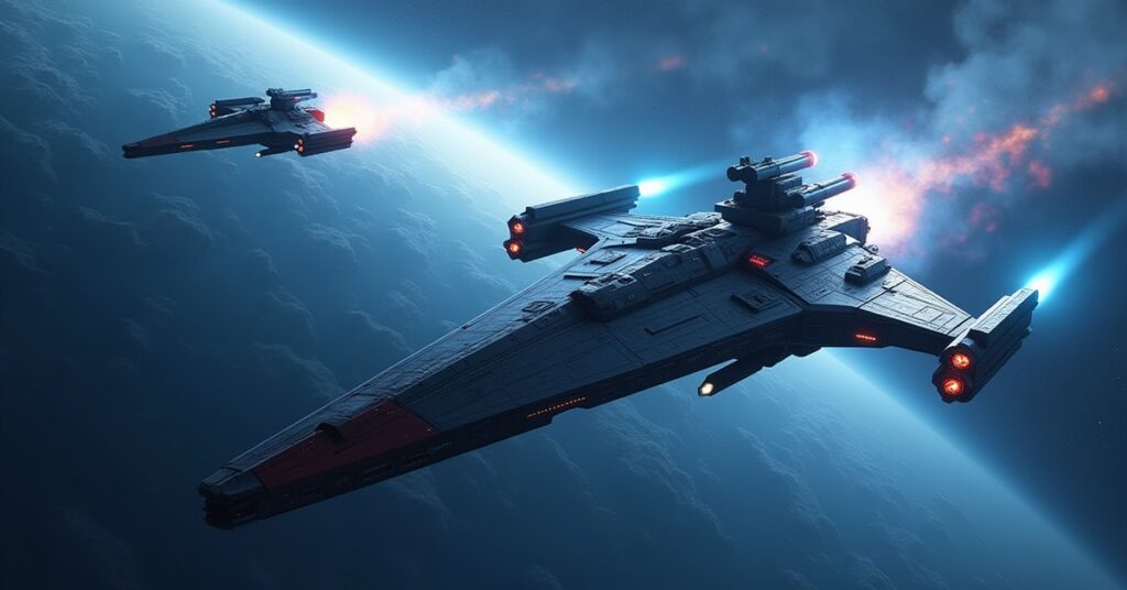 A starship disabling a Federation vessel above a blue gas giant in Star Trek Fleet Command
