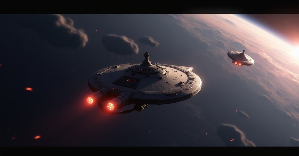 A Starfleet cruiser chasing an Independent ship near Denobula Triaxa in Star Trek Fleet Command